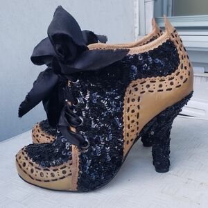 Irregular Choice Abigails Party Retro Heels tan leather & black sequins 7